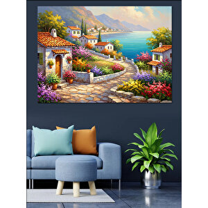 Sahil Kasabası Ve Çiçekli Balkonlar Dekoratif Kanvas - Mdf Ahşap Tablo 100x140 cm