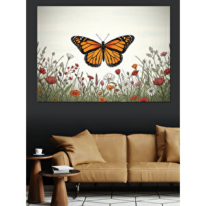 Çiçekler Arasında Uçan Turuncu Kelebek Dekoratif Kanvas - Mdf Ahşap Tablo 50x70 cm
