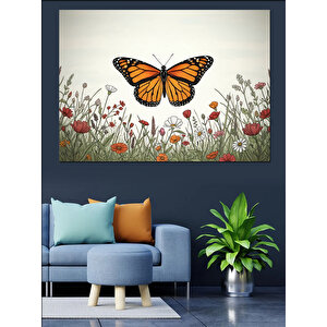 Çiçekler Arasında Uçan Turuncu Kelebek Dekoratif Kanvas - Mdf Ahşap Tablo 50x70 cm