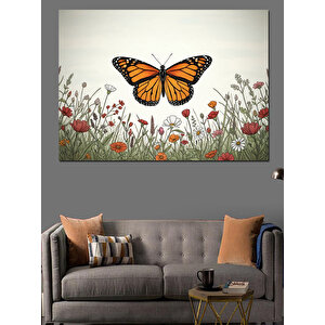 Çiçekler Arasında Uçan Turuncu Kelebek Dekoratif Kanvas - Mdf Ahşap Tablo 50x70 cm