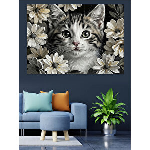 Çiçekli Kedi Yakın Çekim Portre Dekoratif Kanvas - Mdf Ahşap Tablo 100x140 cm