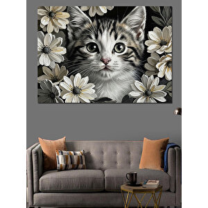Çiçekli Kedi Yakın Çekim Portre Dekoratif Kanvas - Mdf Ahşap Tablo 100x140 cm