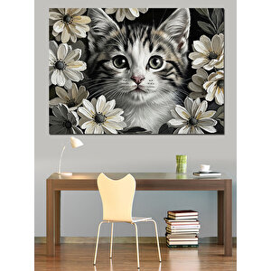 Çiçekli Kedi Yakın Çekim Portre Dekoratif Kanvas - Mdf Ahşap Tablo 100x140 cm