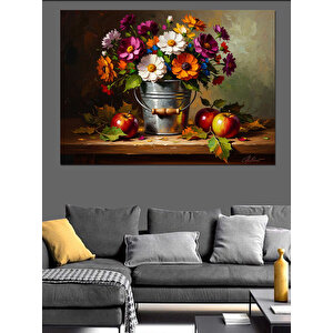 Vazoda Renkli Bahar Çiçekleri Buketi Dekoratif Kanvas - Mdf Ahşap Tablo 70x100 cm
