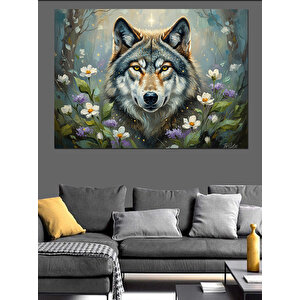 Çiçekler Arasında Kurt Kafası Portresi Dekoratif Kanvas - Mdf Ahşap Tablo 100x140 cm