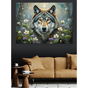 Çiçekler Arasında Kurt Kafası Portresi Dekoratif Kanvas - Mdf Ahşap Tablo 100x140 cm