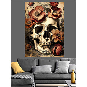 Çiçekli Ve Kelebekli Kurukafa Sanatı Dekoratif Kanvas - Mdf Ahşap Tablo 50x70 cm