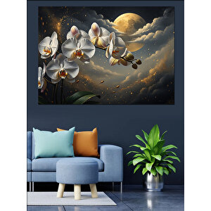 Ay Işığında Beyaz Orkide Çiçekleri Dekoratif Kanvas - Mdf Ahşap Tablo 70x100 cm
