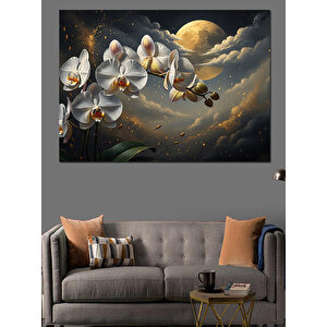 Ay Işığında Beyaz Orkide Çiçekleri Dekoratif Kanvas - Mdf Ahşap Tablo 70x100 cm