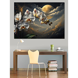 Ay Işığında Beyaz Orkide Çiçekleri Dekoratif Kanvas - Mdf Ahşap Tablo 70x100 cm