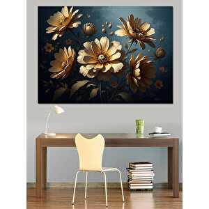 Altın Sarısı Büyük Modern Çiçekler Dekoratif Kanvas - Mdf Ahşap Tablo 100x140 cm