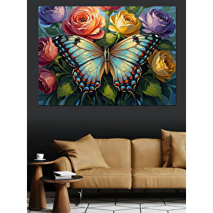 Rengarenk Çiçekler Ve Büyük Kelebek Dekoratif Kanvas - Mdf Ahşap Tablo 50x70 cm