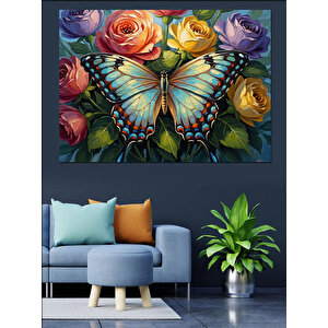 Rengarenk Çiçekler Ve Büyük Kelebek Dekoratif Kanvas - Mdf Ahşap Tablo 50x70 cm