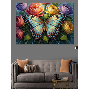 Rengarenk Çiçekler Ve Büyük Kelebek Dekoratif Kanvas - Mdf Ahşap Tablo 50x70 cm