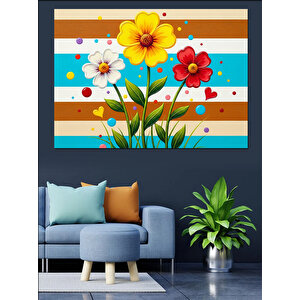 Üç Renkli Çiçek Ve Çizgili Fon Dekoratif Kanvas - Mdf Ahşap Tablo 50x70 cm