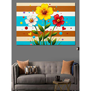 Üç Renkli Çiçek Ve Çizgili Fon Dekoratif Kanvas - Mdf Ahşap Tablo 50x70 cm