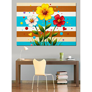 Üç Renkli Çiçek Ve Çizgili Fon Dekoratif Kanvas - Mdf Ahşap Tablo 50x70 cm