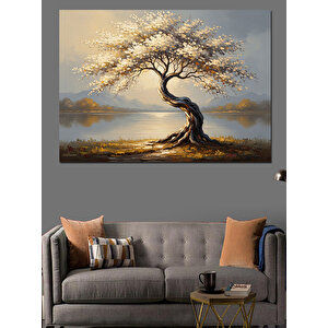 Altın Işıklı Beyaz Çiçekli Ağaç Dekoratif Kanvas - Mdf Ahşap Tablo 70x100 cm