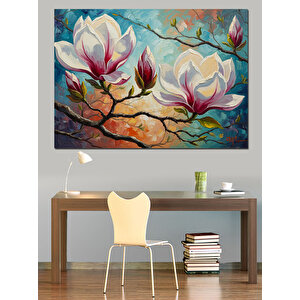 Dalda Açan Beyaz Manolya Çiçekleri Dekoratif Kanvas - Mdf Ahşap Tablo 50x70 cm