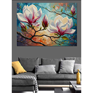 Dalda Açan Beyaz Manolya Çiçekleri Dekoratif Kanvas - Mdf Ahşap Tablo 50x70 cm