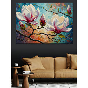 Dalda Açan Beyaz Manolya Çiçekleri Dekoratif Kanvas - Mdf Ahşap Tablo 50x70 cm