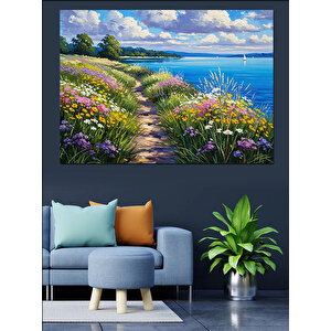Çiçekli Yol Ve Deniz Manzarası Dekoratif Kanvas - Mdf Ahşap Tablo 70x100 cm