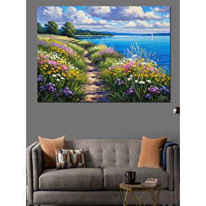 Çiçekli Yol Ve Deniz Manzarası Dekoratif Kanvas - Mdf Ahşap Tablo 70x100 cm