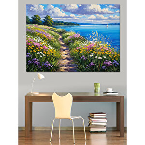 Çiçekli Yol Ve Deniz Manzarası Dekoratif Kanvas - Mdf Ahşap Tablo 70x100 cm