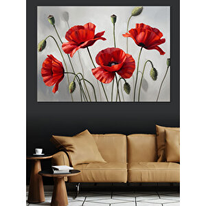 İnce Dallarda Kırmızı Gelincik Çiçekleri Dekoratif Kanvas - Mdf Ahşap Tablo 70x100 cm