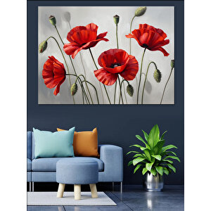 İnce Dallarda Kırmızı Gelincik Çiçekleri Dekoratif Kanvas - Mdf Ahşap Tablo 70x100 cm