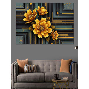 Koyu Fondaki Altın Varaklı Çiçekler Dekoratif Kanvas - Mdf Ahşap Tablo 50x70 cm