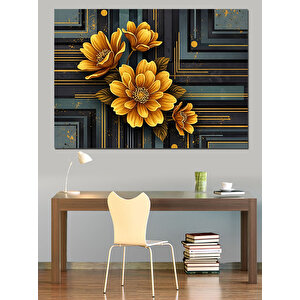 Koyu Fondaki Altın Varaklı Çiçekler Dekoratif Kanvas - Mdf Ahşap Tablo 50x70 cm