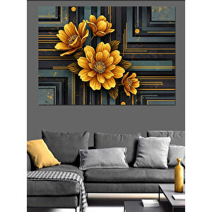 Koyu Fondaki Altın Varaklı Çiçekler Dekoratif Kanvas - Mdf Ahşap Tablo 50x70 cm