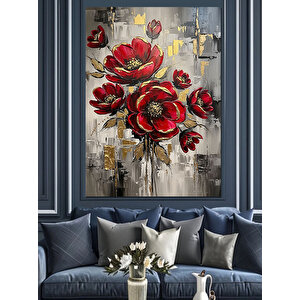 Kırmızı Çiçekler Ve Altın Detaylar Dekoratif Kanvas - Mdf Ahşap Tablo 100x140 cm