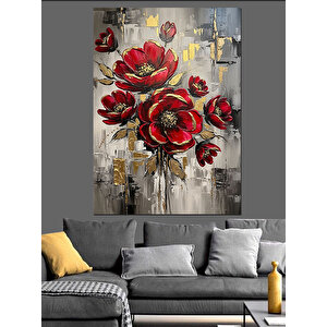 Kırmızı Çiçekler Ve Altın Detaylar Dekoratif Kanvas - Mdf Ahşap Tablo 100x140 cm