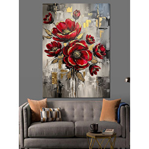 Kırmızı Çiçekler Ve Altın Detaylar Dekoratif Kanvas - Mdf Ahşap Tablo 100x140 cm