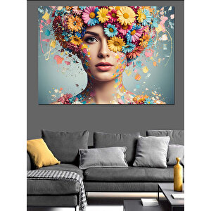 Çiçeklerle Bezeli Kadın Portresi Dekoratif Kanvas - Mdf Ahşap Tablo 70x100 cm