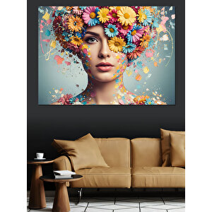 Çiçeklerle Bezeli Kadın Portresi Dekoratif Kanvas - Mdf Ahşap Tablo 70x100 cm