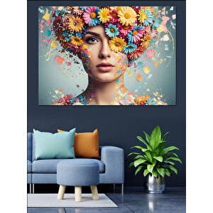 Çiçeklerle Bezeli Kadın Portresi Dekoratif Kanvas - Mdf Ahşap Tablo 70x100 cm