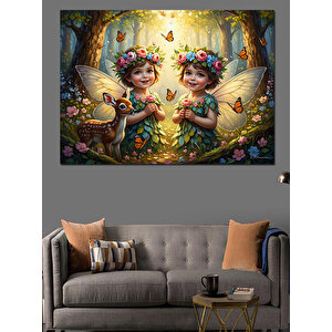 Çiçekler Arasında İki Peri Dekoratif Kanvas - Mdf Ahşap Tablo 100x140 cm