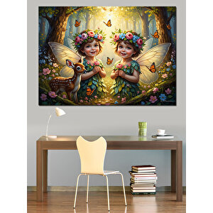 Çiçekler Arasında İki Peri Dekoratif Kanvas - Mdf Ahşap Tablo 100x140 cm