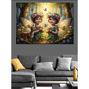 Çiçekler Arasında İki Peri Dekoratif Kanvas - Mdf Ahşap Tablo 100x140 cm