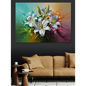 Beyaz Zambak Çiçekleri Yağlıboya Dekoratif Kanvas - Mdf Ahşap Tablo 70x100 cm