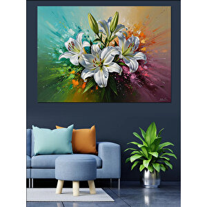 Beyaz Zambak Çiçekleri Yağlıboya Dekoratif Kanvas - Mdf Ahşap Tablo 70x100 cm