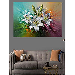 Beyaz Zambak Çiçekleri Yağlıboya Dekoratif Kanvas - Mdf Ahşap Tablo 70x100 cm