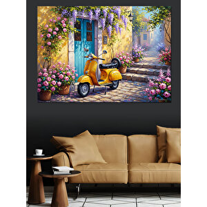 Çiçekli Sokakta Sarı Scooter Tablo Dekoratif Kanvas - Mdf Ahşap Tablo 50x70 cm
