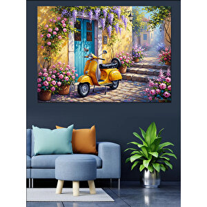 Çiçekli Sokakta Sarı Scooter Tablo Dekoratif Kanvas - Mdf Ahşap Tablo 50x70 cm