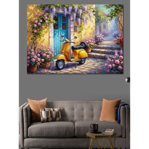 Çiçekli Sokakta Sarı Scooter Tablo Dekoratif Kanvas - Mdf Ahşap Tablo 50x70 cm