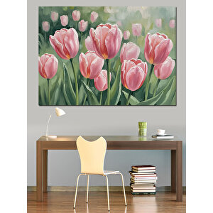 Vazoda Taze Pembe Tulipan Çiçekleri Dekoratif Kanvas - Mdf Ahşap Tablo 100x140 cm