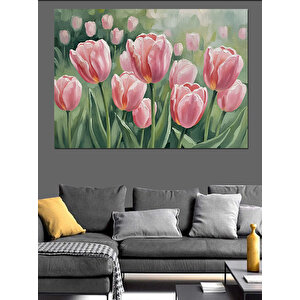 Vazoda Taze Pembe Tulipan Çiçekleri Dekoratif Kanvas - Mdf Ahşap Tablo 100x140 cm